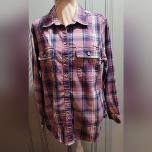 Women's Long Sleeve RIDGECUT Flex Flannel Button Down Shirt Purple Plaid Medium